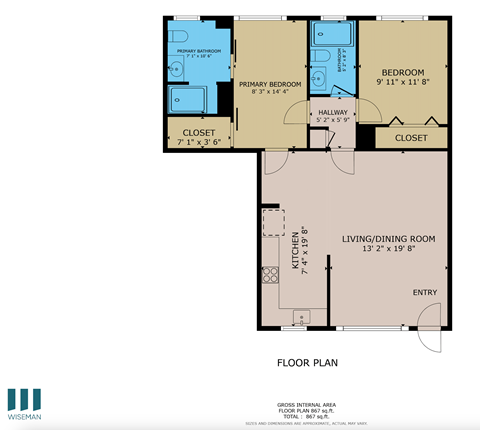 Floor plan for 2 beds, 2 baths, 1050 sqft